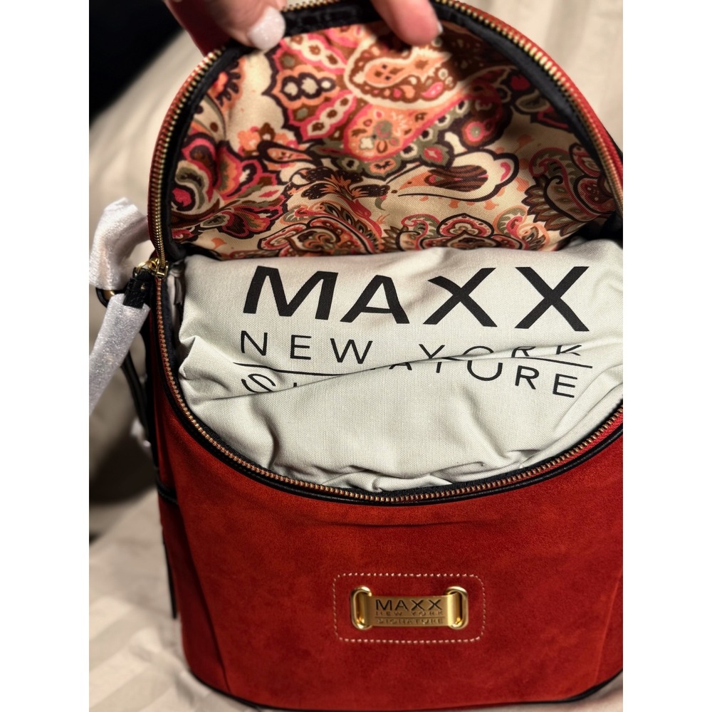 Maxx New York Signature Red Suede Black Leather Trim Shoulder Bag Hobo NWT - Picture 2 of 9